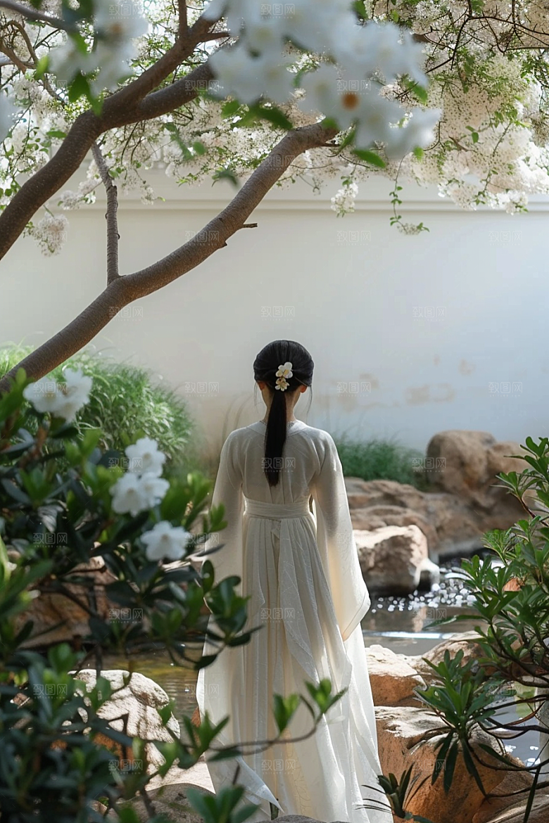 花卉汉服人物园林花丛摄影图