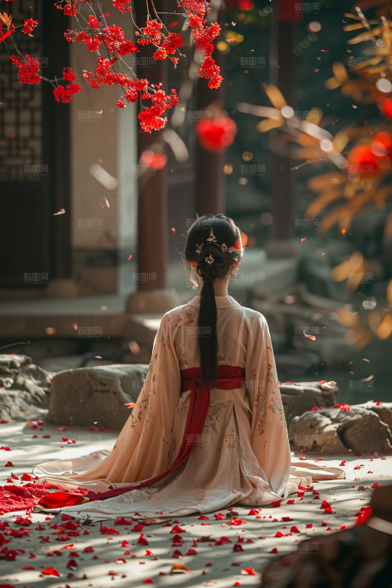 花卉汉服人物花丛美女摄影图