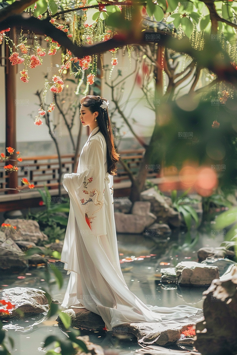 花卉汉服人物花丛唯美摄影图