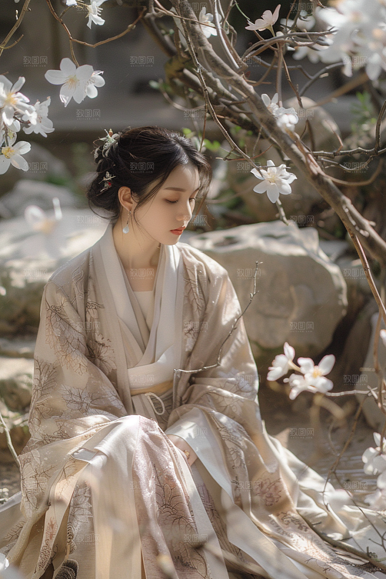 花卉汉服人物中式花丛摄影图