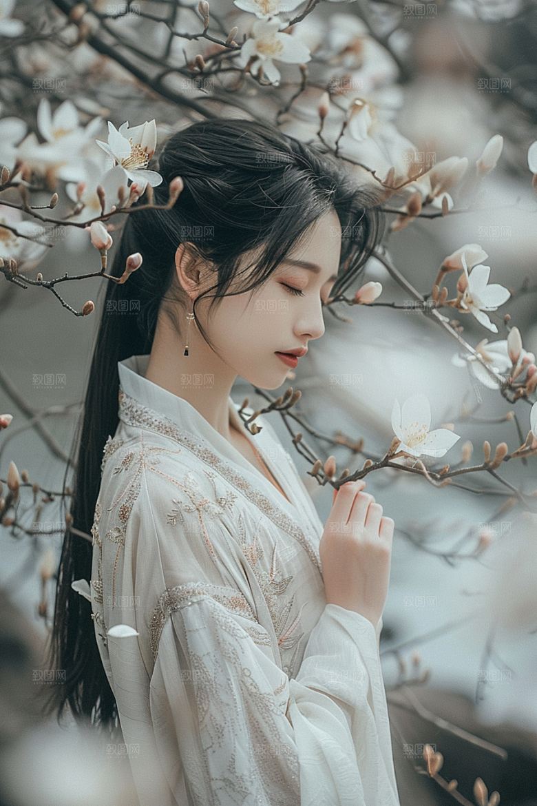 花卉汉服人物园林中式摄影图