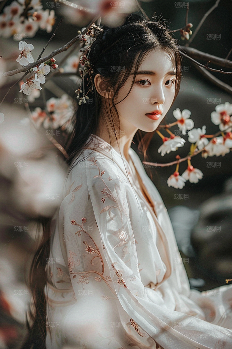 花卉汉服人物花丛美景摄影图