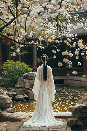 花卉汉服人物中式园林摄影图