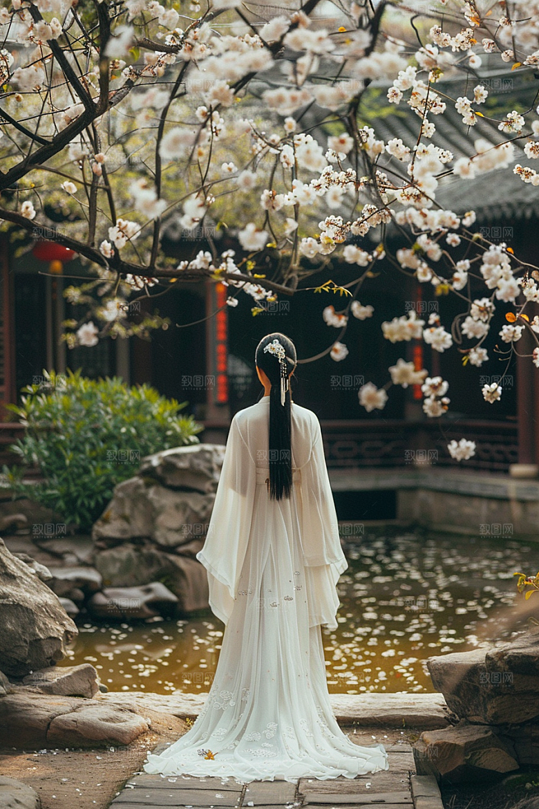 花卉汉服人物中式园林摄影图