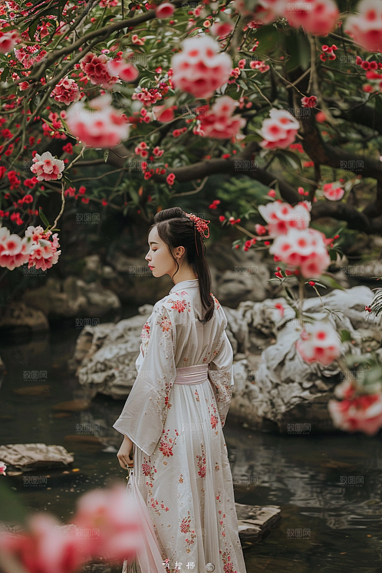 花卉汉服人物花丛人像摄影图
