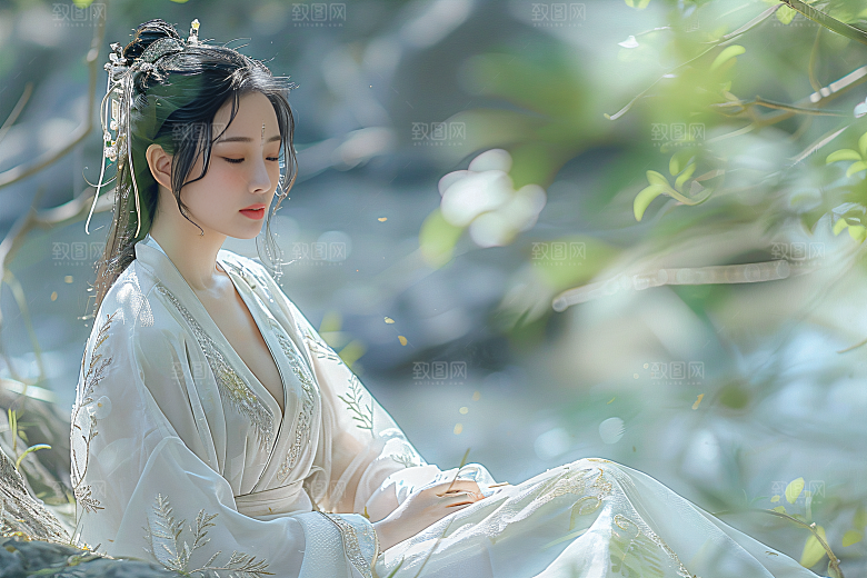 花卉汉服人物花丛高清摄影图