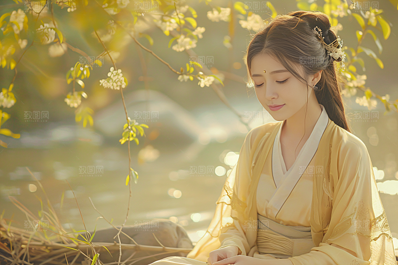 花卉汉服人物唯美园林摄影图