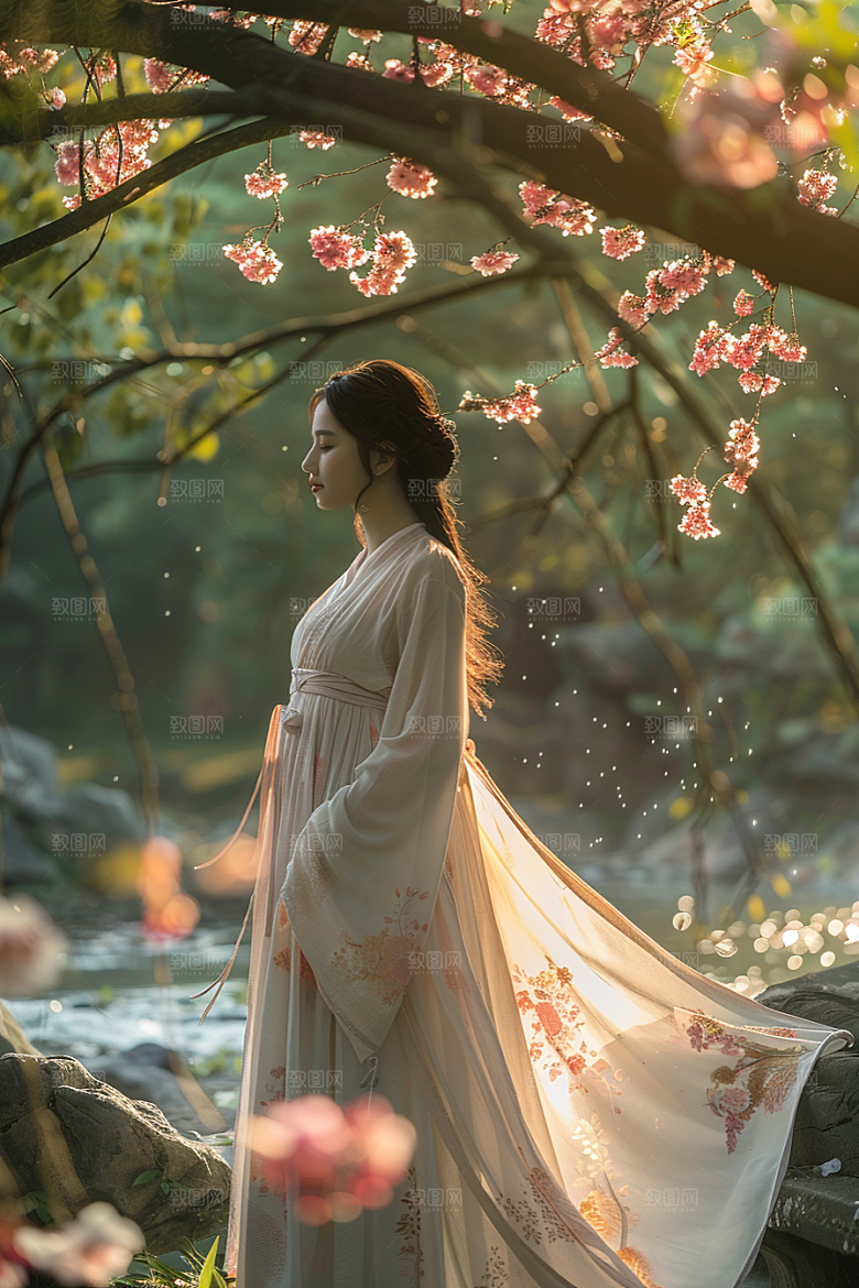花卉汉服人物园林唯美摄影图