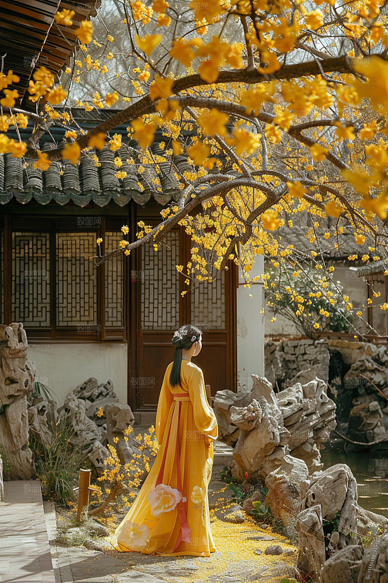 花卉汉服人物园林人像摄影图