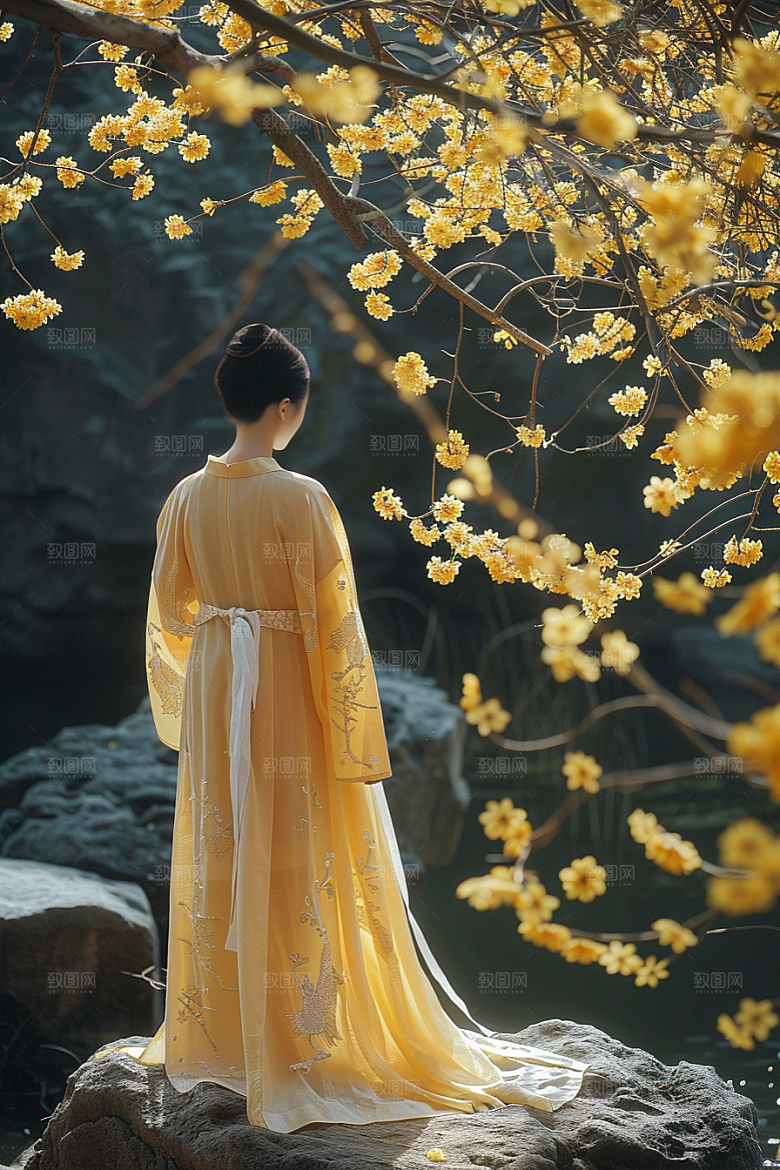花卉汉服人物唯美园林摄影图