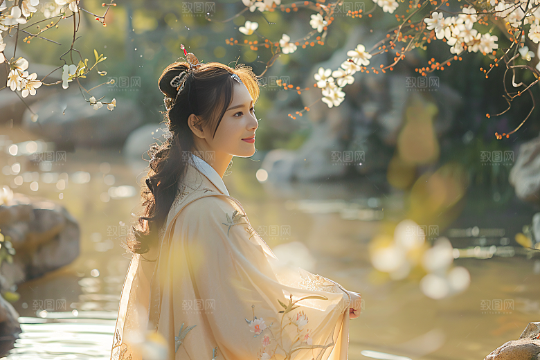 花卉汉服人物浪漫写真摄影图
