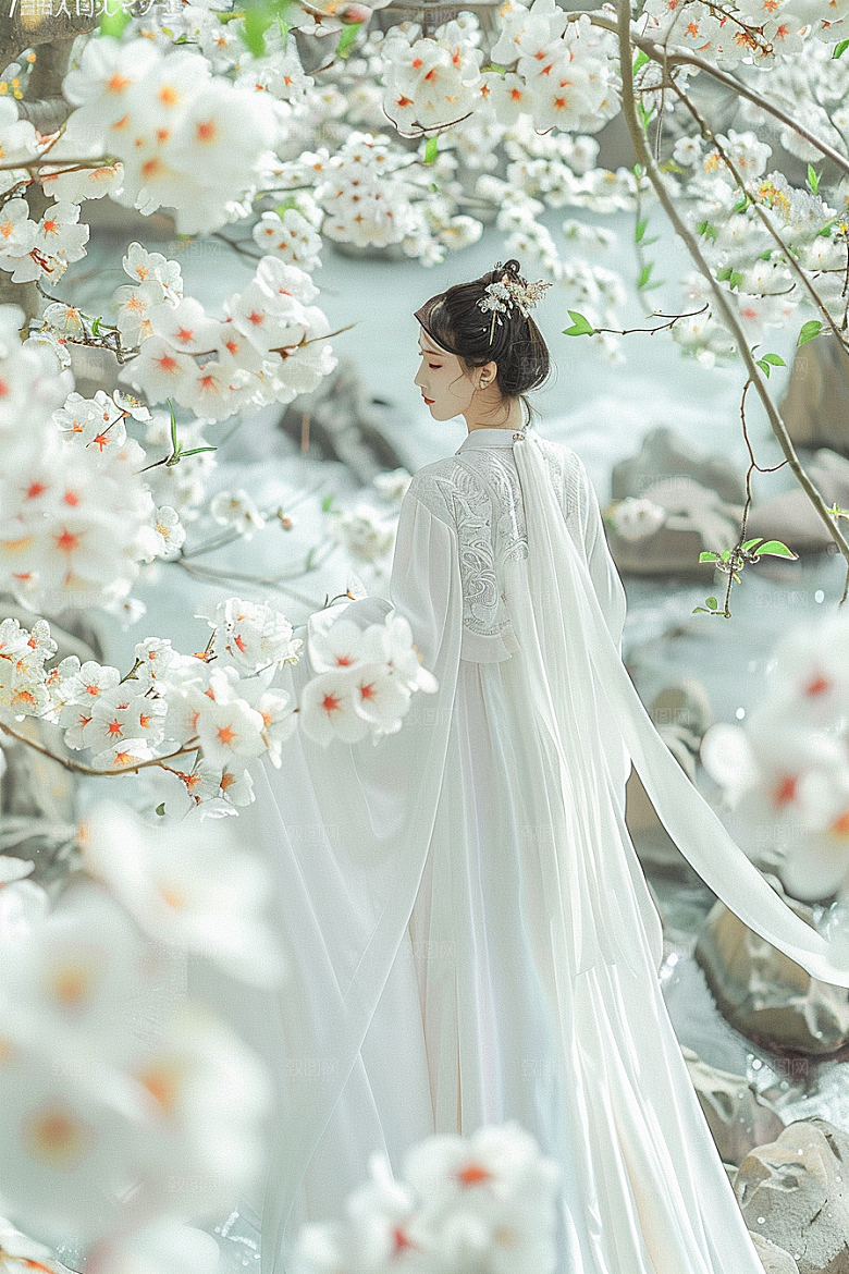 花卉汉服人物花丛浪漫摄影图