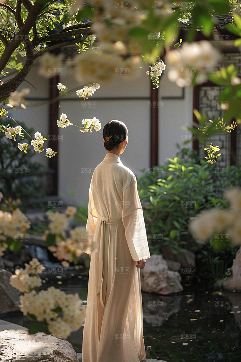 花卉汉服人物美景花丛摄影图