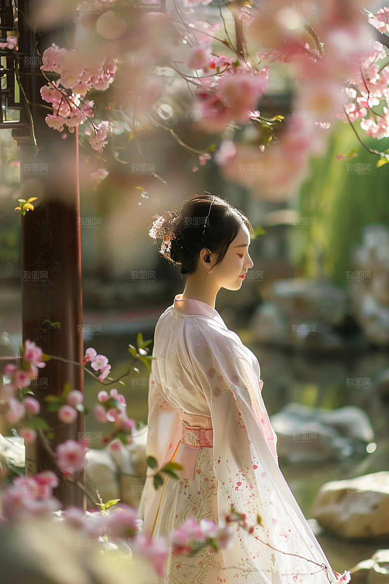 花卉汉服人物园林美景摄影图