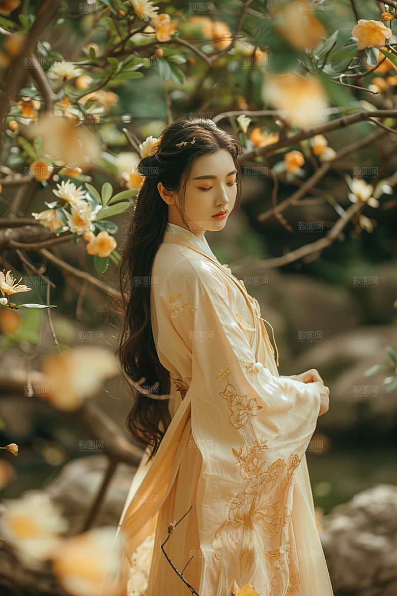 花卉汉服人物古风园林摄影图