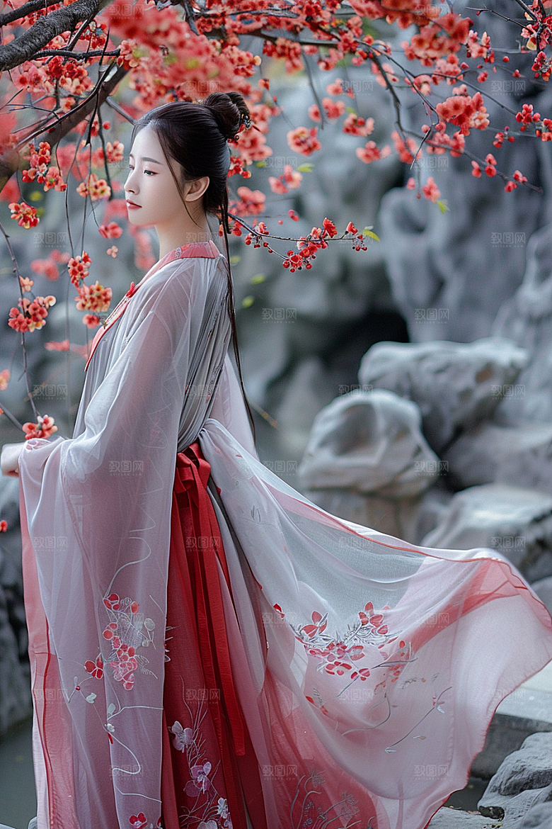 花卉汉服人物古风花丛摄影图