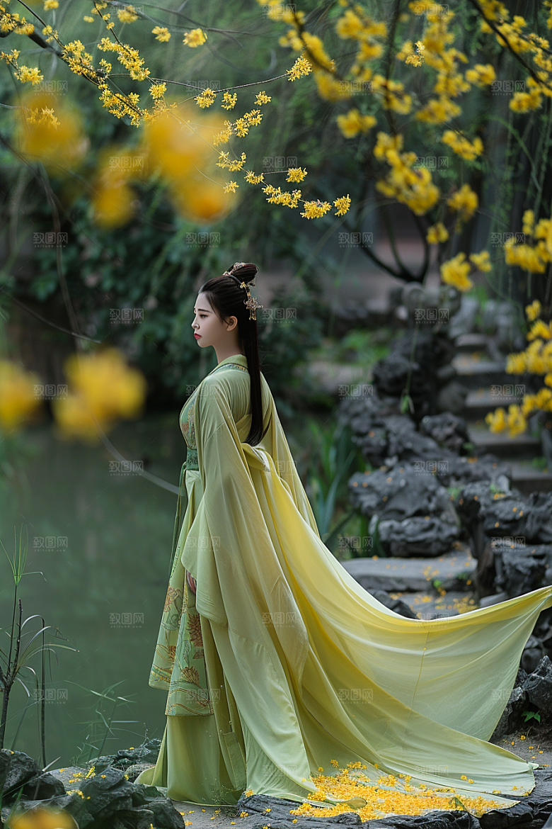 花卉汉服人物园林花丛摄影图
