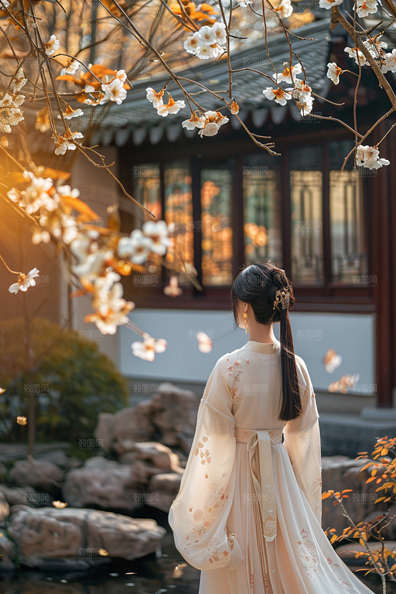 花卉汉服人物高清花丛摄影图
