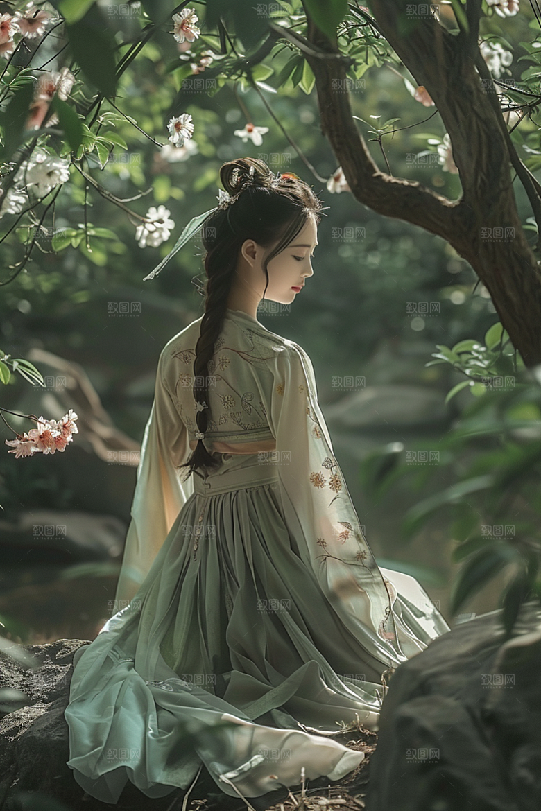 花卉汉服人物花丛唯美摄影图