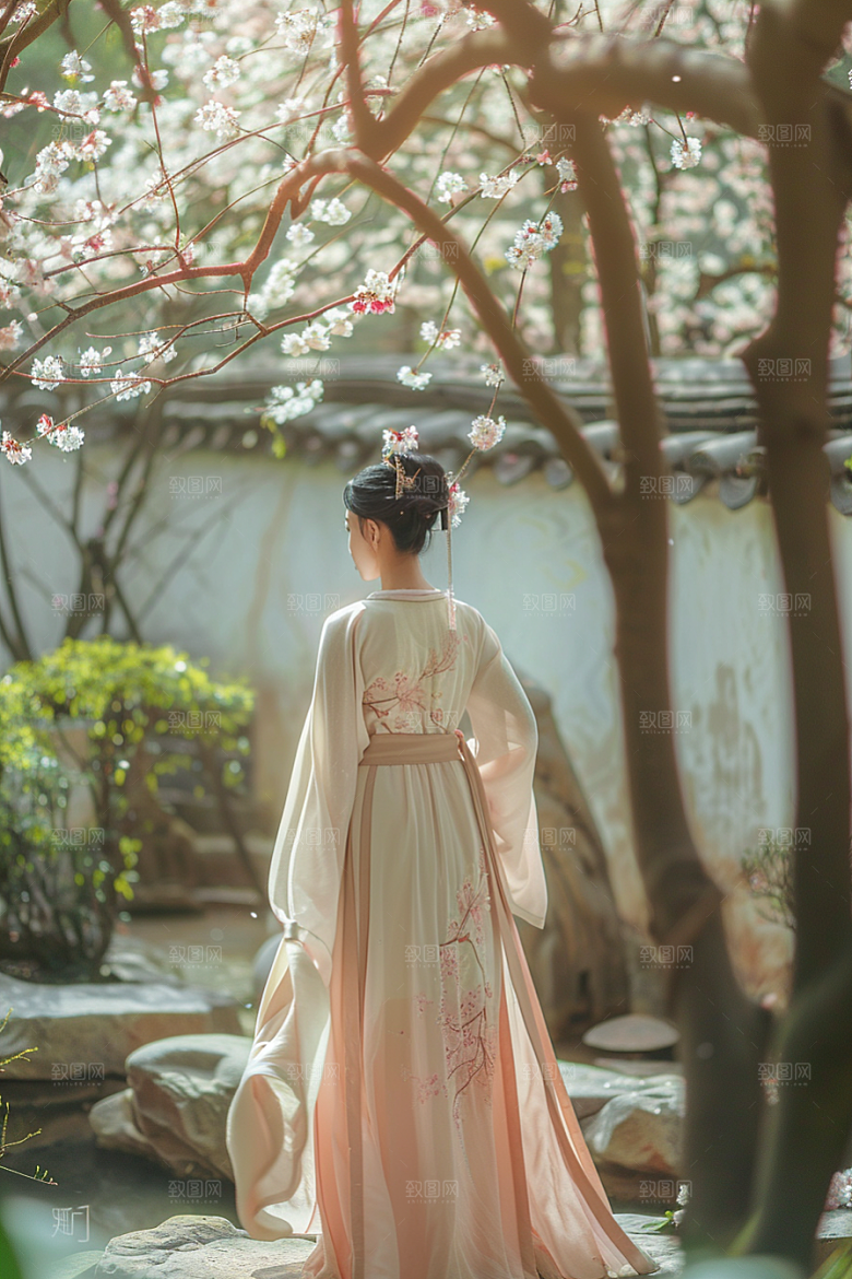 花卉汉服人物人像园林摄影图