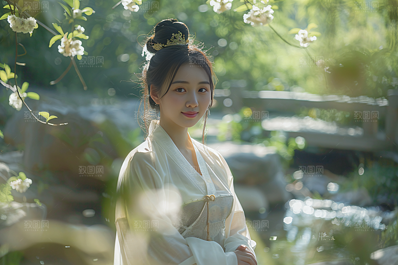 花卉汉服人物人像园林摄影图