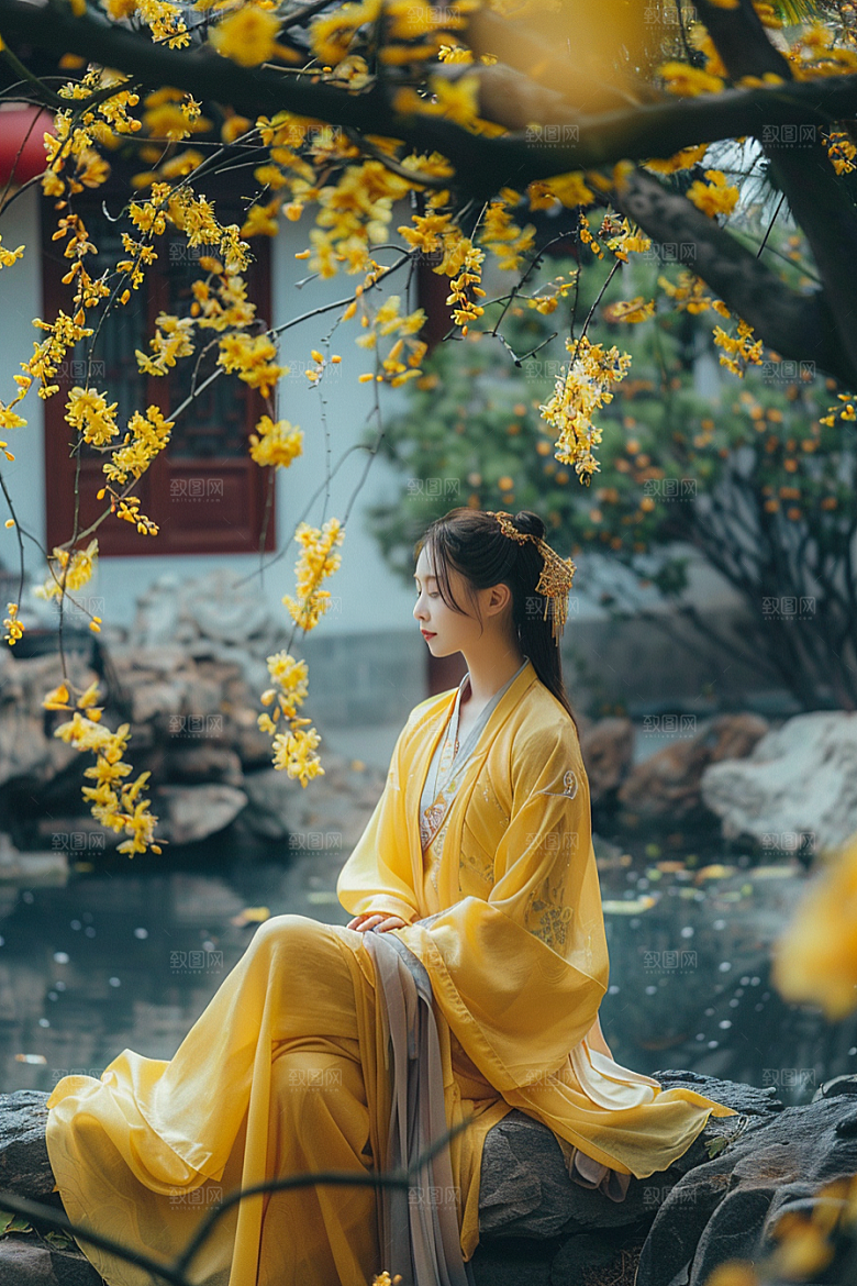 花卉汉服人物美女园林摄影图