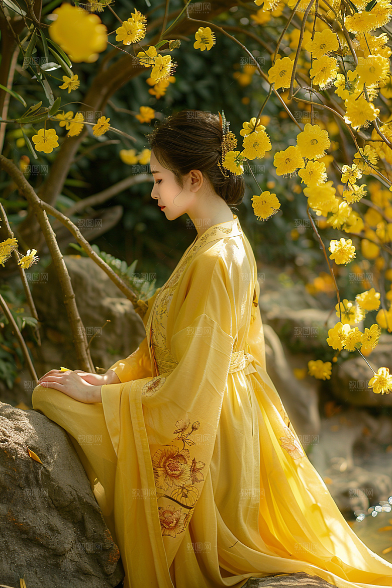 花卉汉服人物花丛中国风摄影图