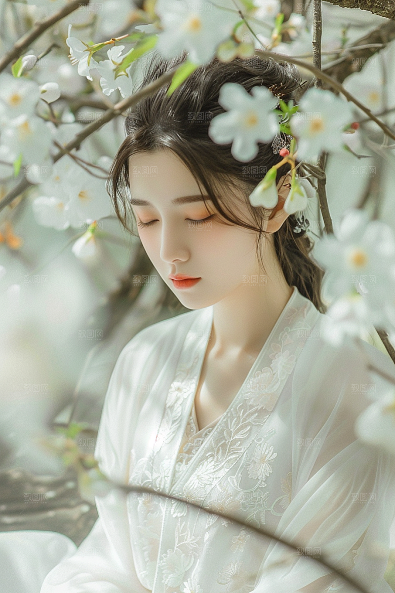 花卉汉服人物写真园林摄影图