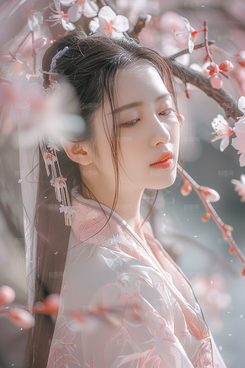 花卉汉服人物花丛园林摄影图
