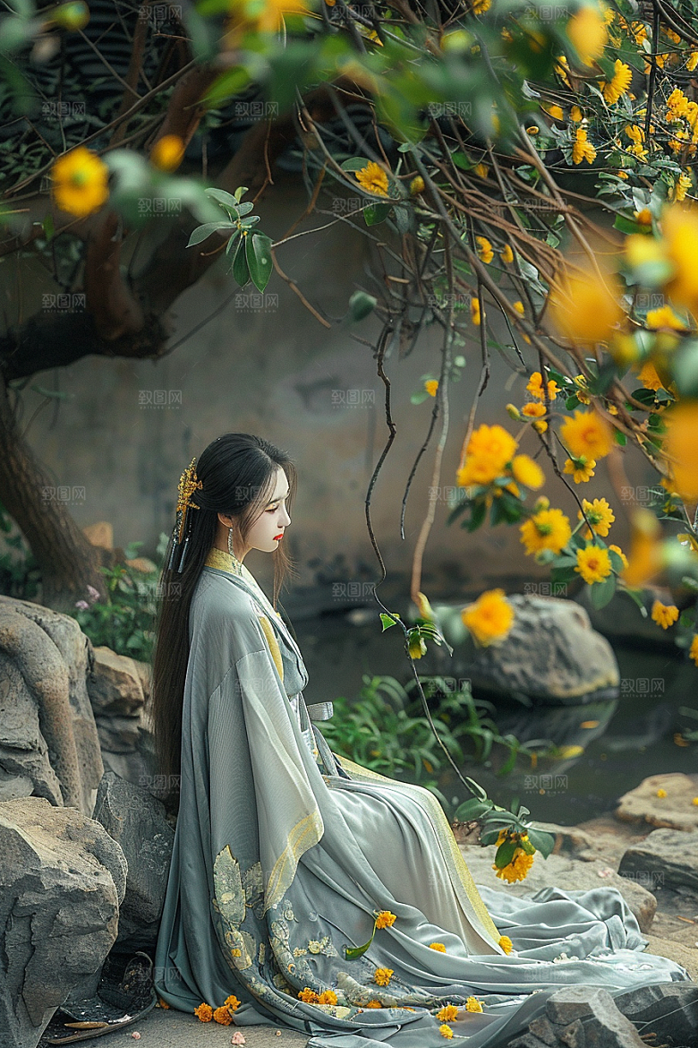 花卉汉服人物高清写真摄影图