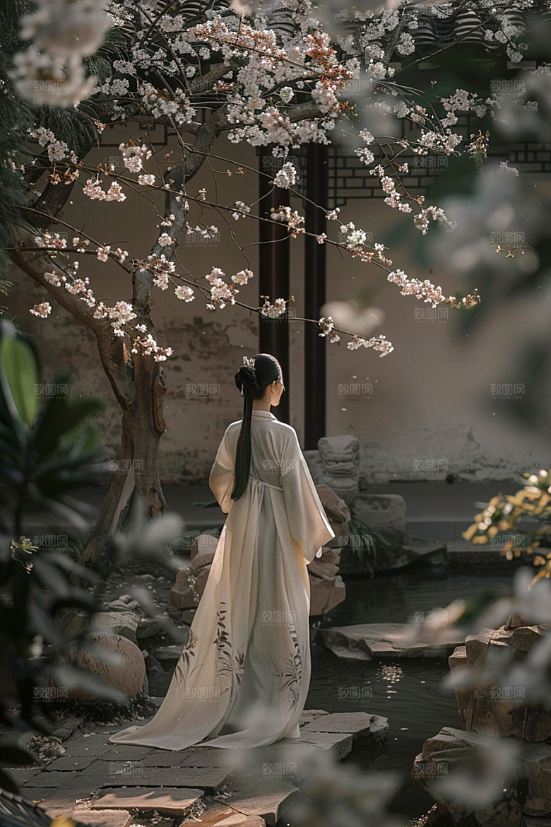 花卉汉服人物美女花丛摄影图