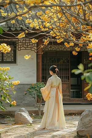 花卉汉服人物中式美景摄影图