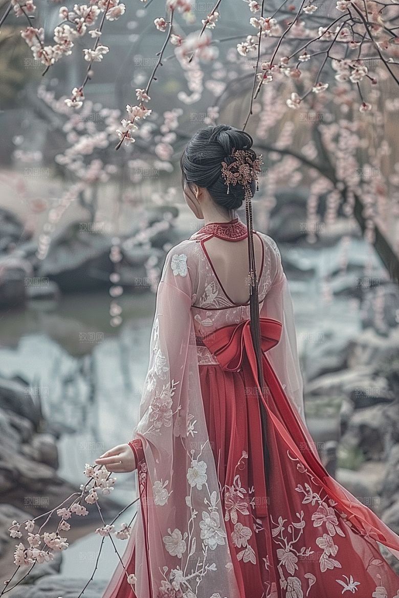 花卉汉服人物高清花丛摄影图
