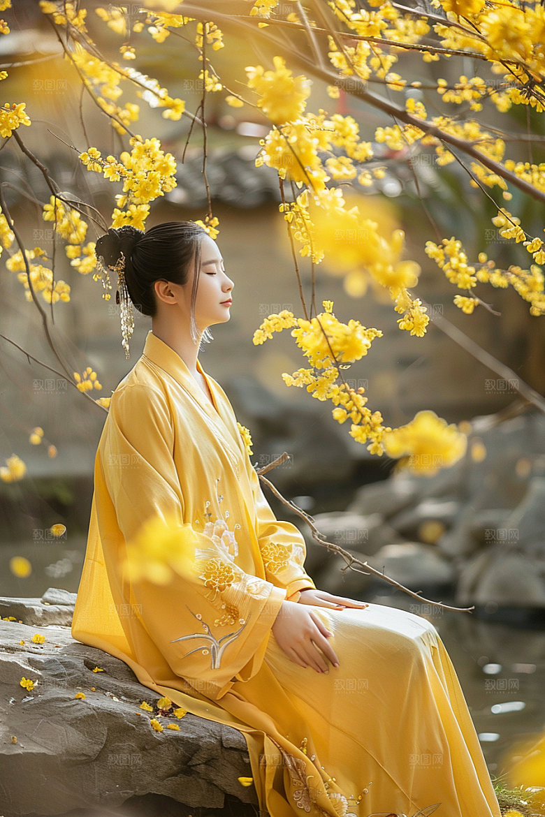 花卉汉服人物浪漫园林摄影图