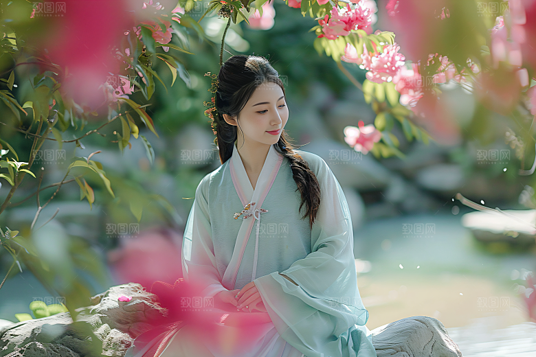 花卉汉服人物中式美景摄影图