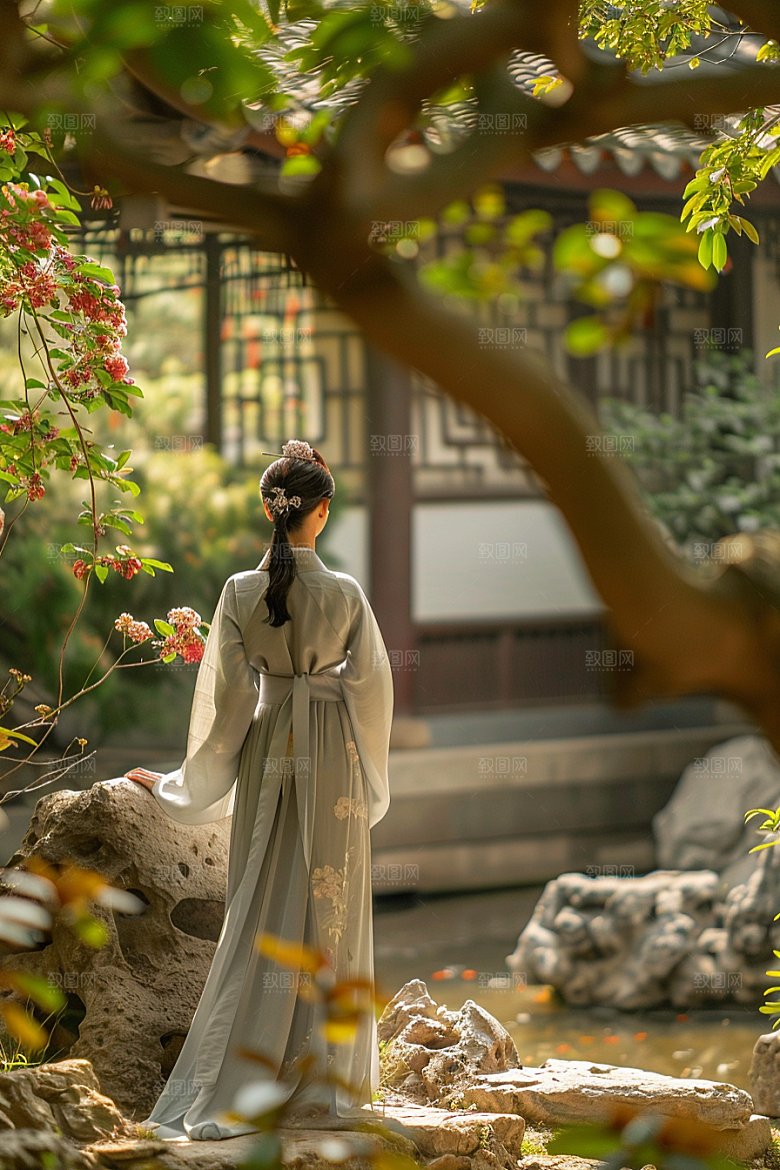 花卉汉服人物美景中国风摄影图