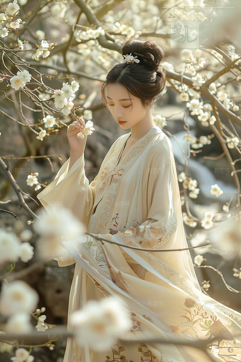 花卉汉服人物浪漫园林摄影图