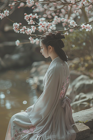 花卉汉服人物中式美景摄影图