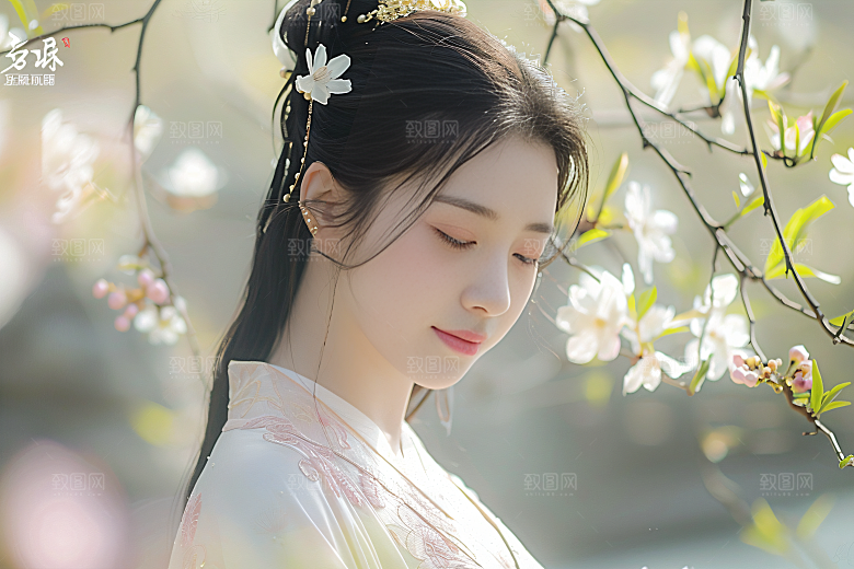 花卉汉服人物中式写真摄影图