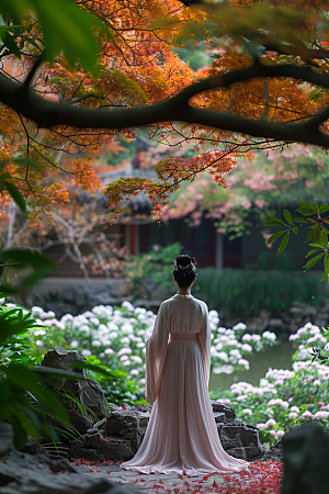 花卉汉服人物古风园林摄影图