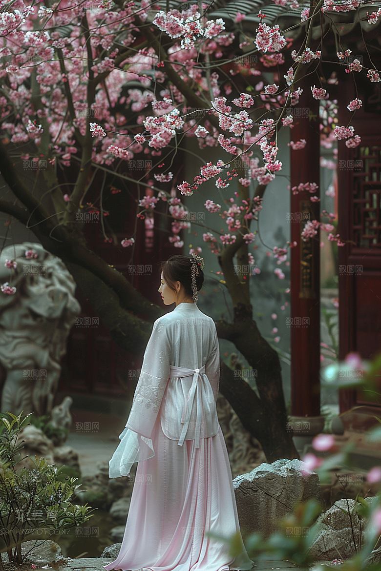 花卉汉服人物唯美花丛摄影图