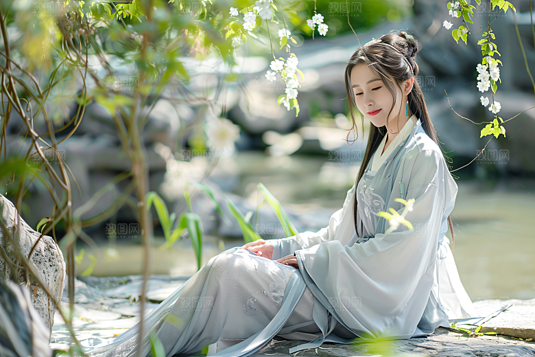 花卉汉服人物园林古风摄影图