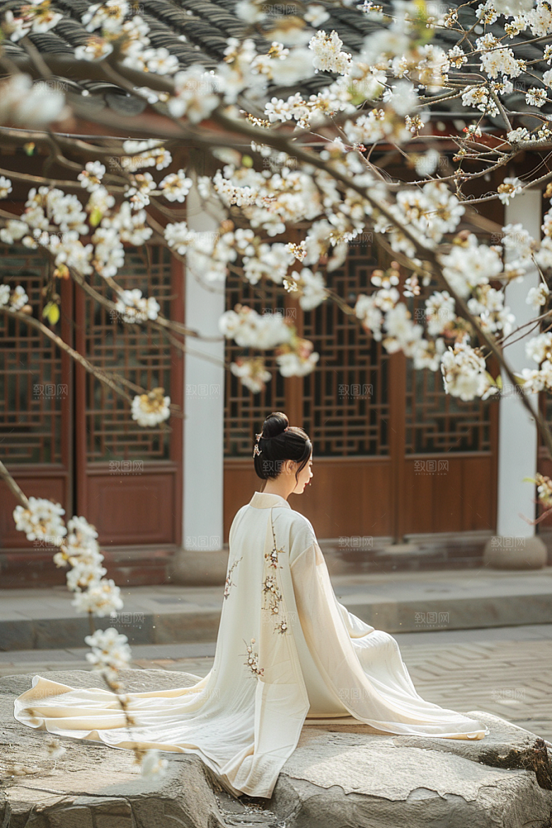 花卉汉服人物园林美景摄影图