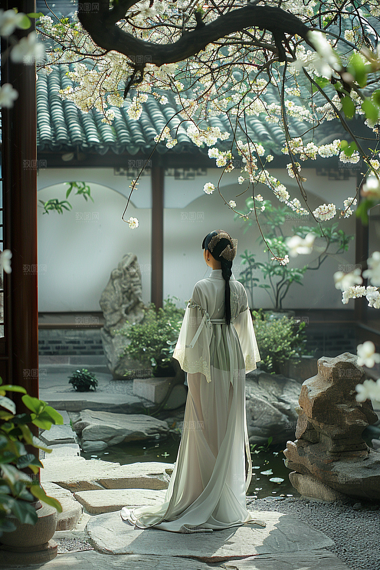 花卉汉服人物中式写真摄影图