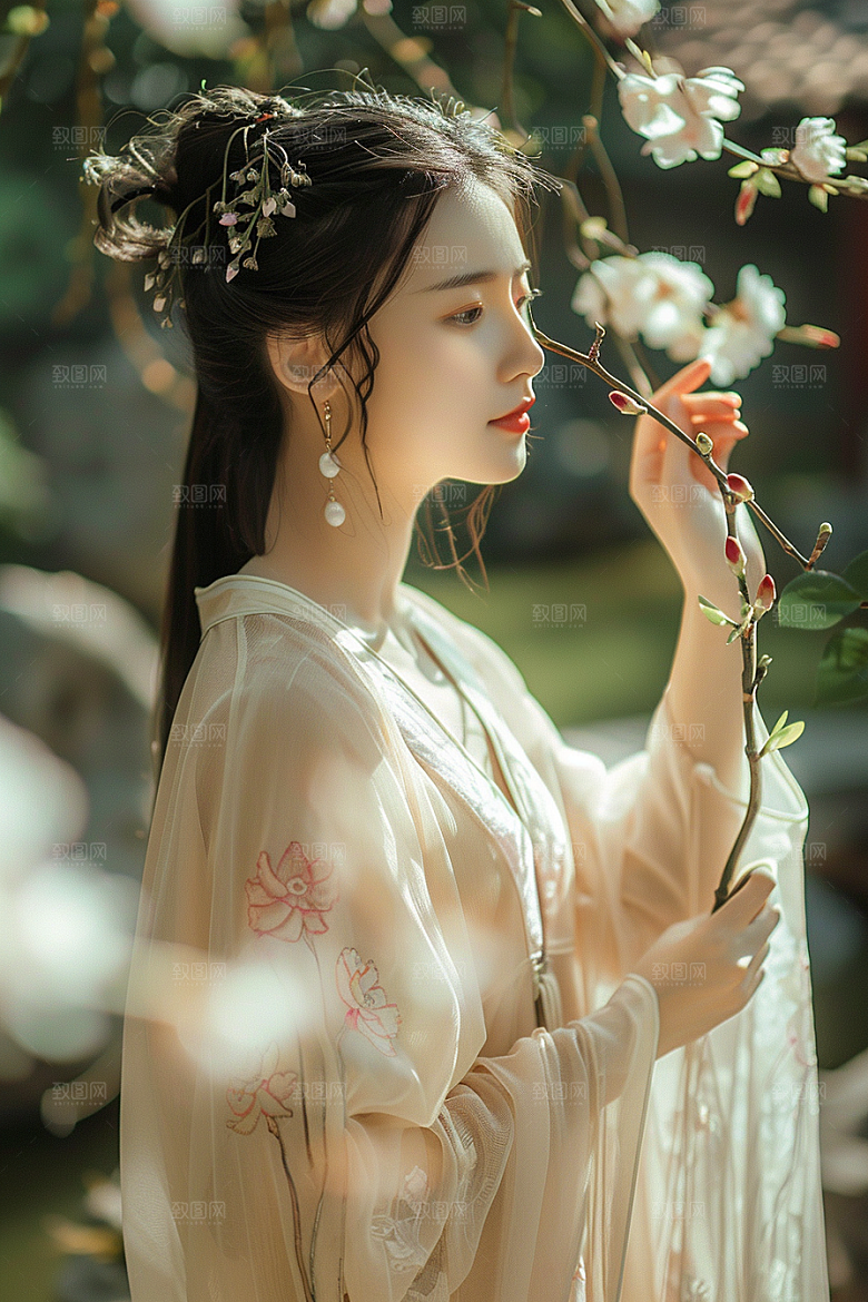 花卉汉服人物花丛唯美摄影图