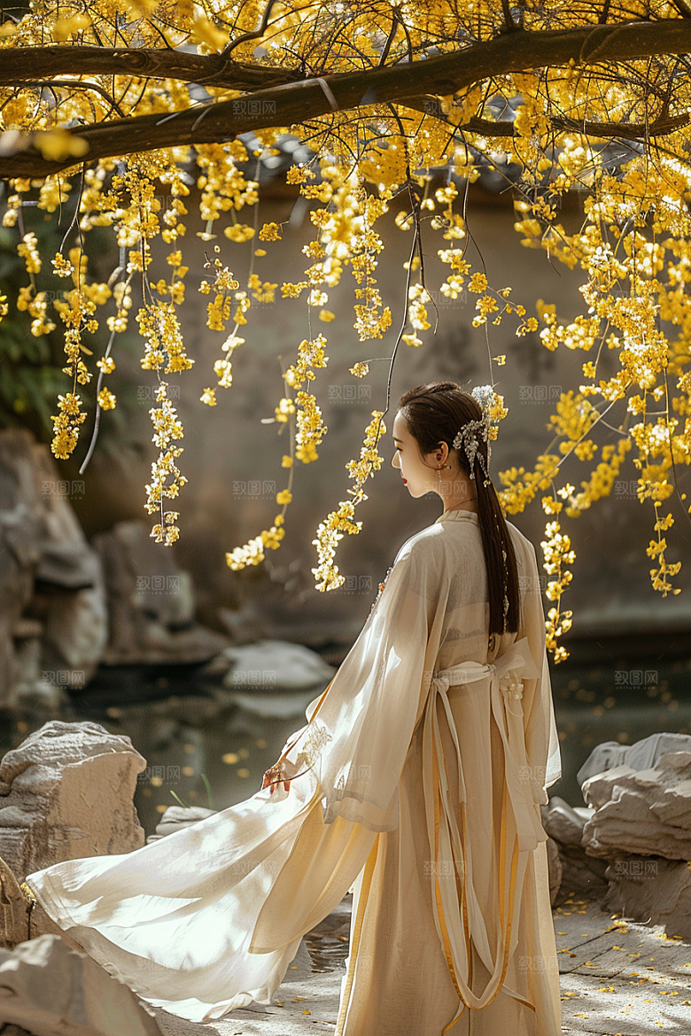 花卉汉服人物花丛高清摄影图