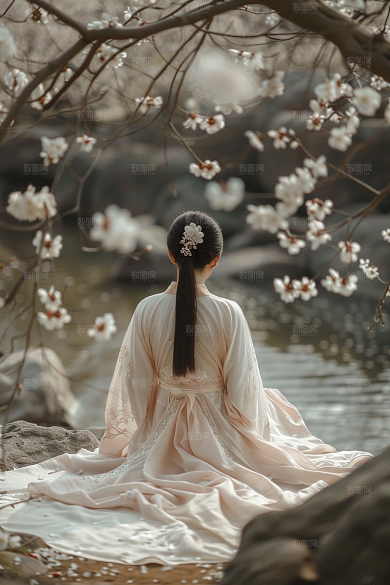 花卉汉服人物唯美园林摄影图