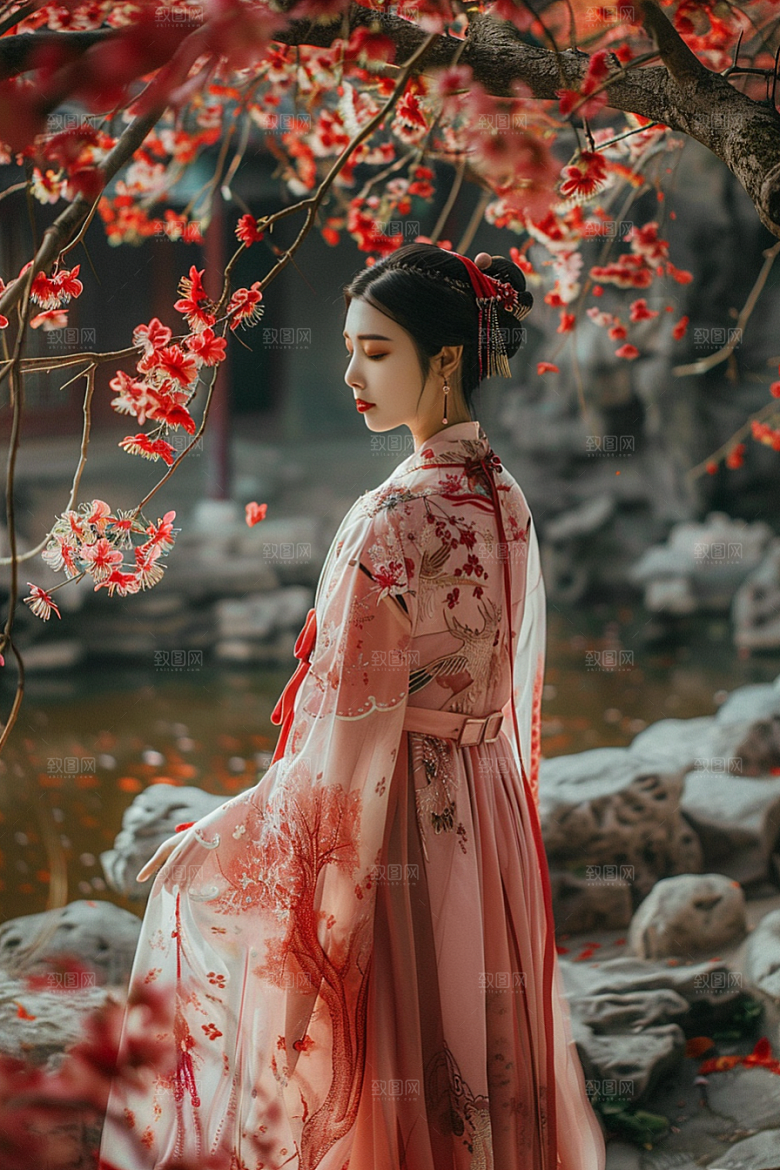 花卉汉服人物人像美景摄影图