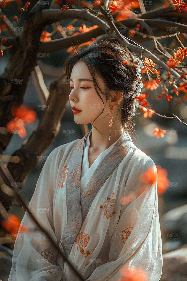 花卉汉服人物高清园林摄影图