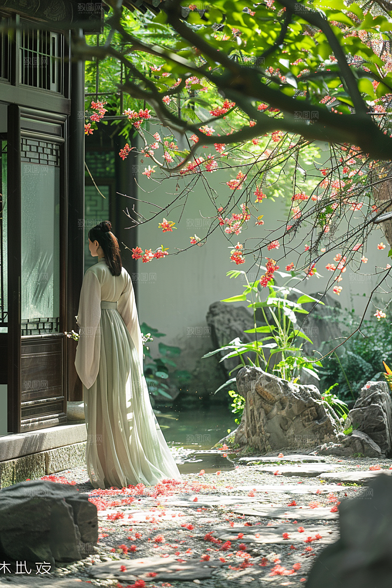 花卉汉服人物唯美美景摄影图
